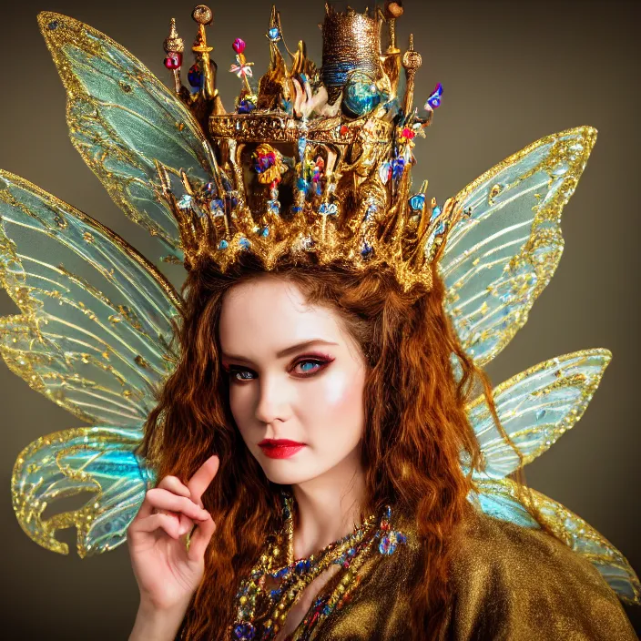 Image similar to photo of a very beautiful!! fairy queen with ornate sparkling robes, highly detailed, 4 k, hdr, smooth, sharp focus, high resolution, award - winning photo