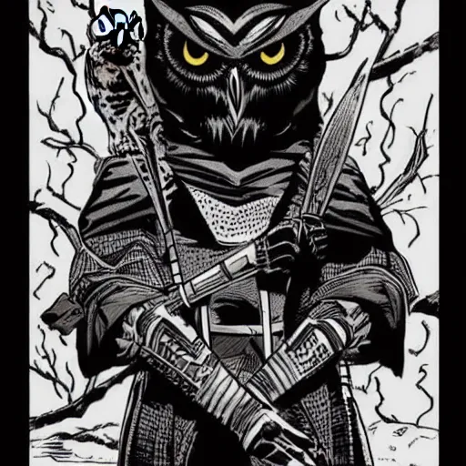 Image similar to a portrait of an owl warrior, comicbook art, in the style of mike mignola,