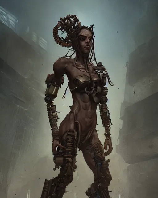 Image similar to hyper realistic photo of postapocalyptic tribal cyborg girl, full body, cinematic, artstation, cgsociety, greg rutkowski, james gurney, mignola, craig mullins, brom