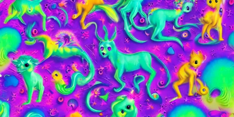 Prompt: hyperrealistic lisa frank nightmare creatures emerging from the fog