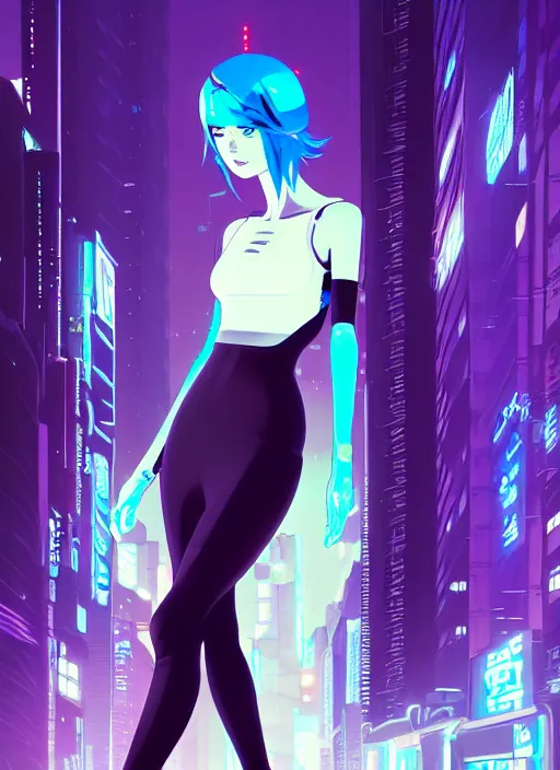 Image similar to digital illustration of cyberpunk pretty girl with blue hair, wearing a tight black dress, full body pose, in city street at night, by makoto shinkai, ilya kuvshinov, lois van baarle, rossdraws, basquiat