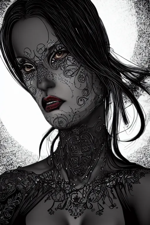 Prompt: close up portrait of a dark witch in front of the full big moon, vector graphic, clear lines, intricate, portrait, 8k highly professionally detailed, HDR, CGsociety