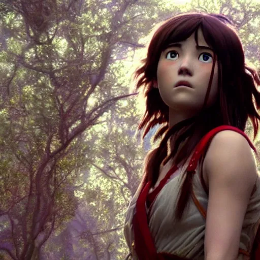 Image similar to mary elizabeth winstead as live action princess mononoke, still frame, sharp focus, cinematic, filmic