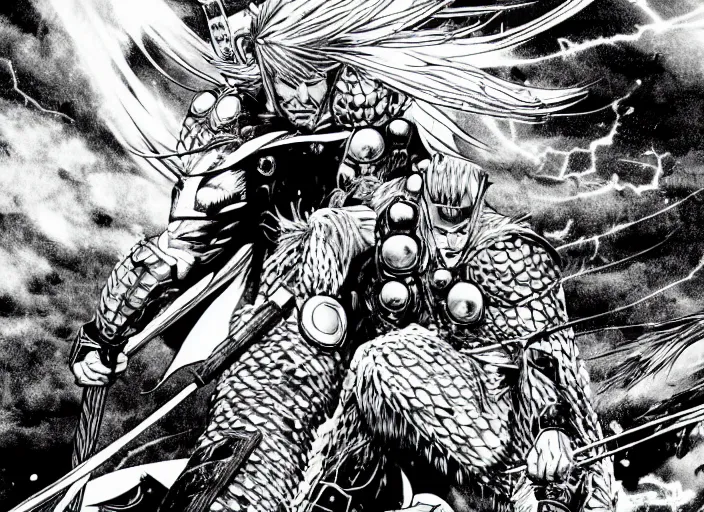 Image similar to thor with blond hair catches lightning and holds an ax in an epic battle with storm clouds with faces monsters by tsutomu nihei, black and white, epic battle background, comic, cinematic