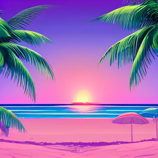 Image similar to synthwave white sand beach with palm trees, day, beautiful, aesthetic, illustration, trending on artstation