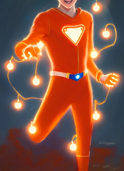 Image similar to kind teenage archie andrews wearing an orange superhero costume, heart emblem, intricate, elegant, glowing lights, highly detailed, digital painting, artstation, sharp focus, illustration, art by wlop, mars ravelo and greg rutkowski