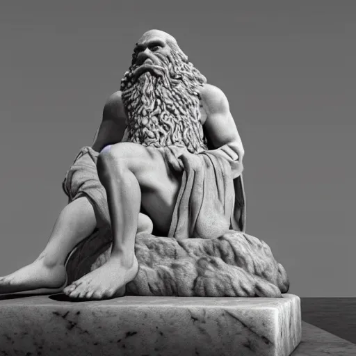 Image similar to a marble statue depicting a bearded wild man infront of a moog modular synthesizer, 8 k, unreal engine,