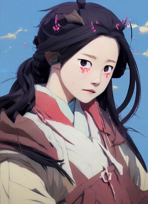 Image similar to portrait of Nezuko from Demon Slayer Anime, countryside, calm, fantasy character portrait, dynamic pose, above view, sunny day, thunder clouds in the sky, artwork by Jeremy Lipkin and Giuseppe Dangelico Pino and Michael Garmash and Rob Rey, very coherent asymmetrical artwork, sharp edges, perfect face, simple form, 100mm
