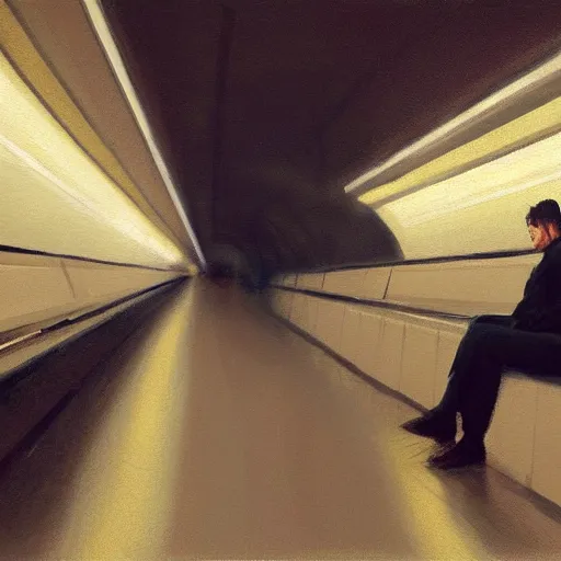 Image similar to a beautiful painting of a man sitting in a subway seat, rutkowski, realism, cinematic lighting