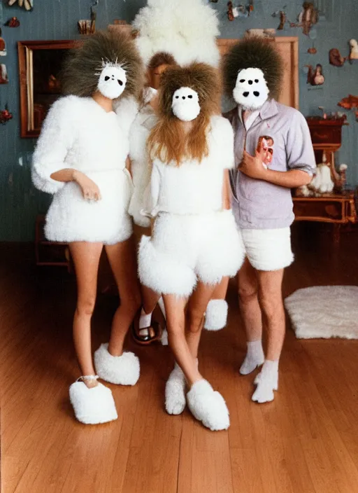 Image similar to realistic photo of the family wearing fluffy hairy masks, white fluffy cotton shorts, polished and fancy, standing in the wooden room full of wooden furniture 1 9 9 0, life magazine reportage photo