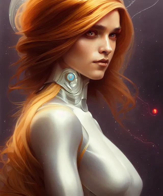 Image similar to futuristic woman portrait, sci-fi, amber eyes, face, long hair, fantasy, intricate, elegant, highly detailed, digital painting, artstation, concept art, smooth, sharp focus, illustration, art by artgerm and greg rutkowski and alphonse mucha