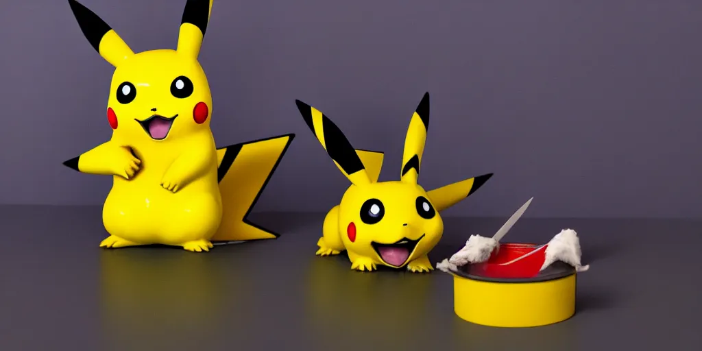 Image similar to pikachu devouring a dog sharp teeth burtal eyes scary mouth dark room red candles trash bin