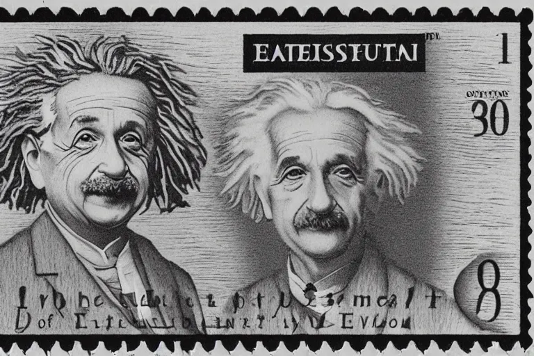 Image similar to engraved postage stamp of albert einstein with theory of relativity, detailed!!! color engraving in the style of a postage stamp, fine!!! lines