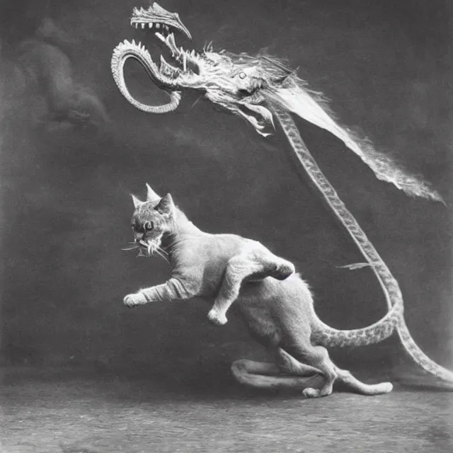 Image similar to silver gelatin photograph of a cat attacking a dragon, london 1 9 1 2