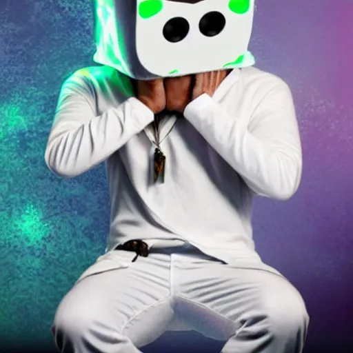 Prompt: marshmello prays to crazy frog with hands clasped