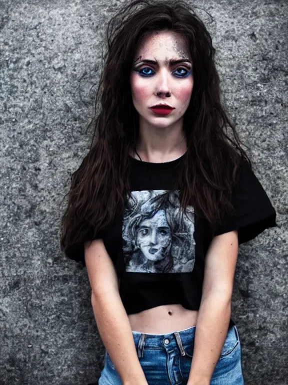 Image similar to hyperdetailed close shot of a beautiful daisy edgar - jones, brown eyes, dark hair, black makeup, skin, winds of winter, with ripped crop t - shirt with a logo, fine - face, pretty face