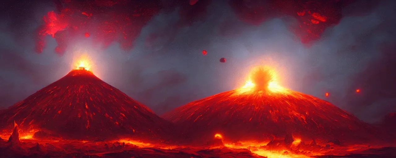 Image similar to ” outer planet with erupting volcanoes, [ art by paul lehr, cinematic, detailed, epic, widescreen, opening, establishing, mattepainting, photorealistic, realistic textures, octane render ] ”