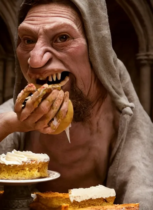 Image similar to closeup portrait of a medieval goblin eating cakes in the abbey, depth of field, zeiss lens, detailed, symmetrical, centered, fashion photoshoot, by annie leibovitz and steve mccurry, david lazar, jimmy nelsson, breathtaking, 8 k resolution, extremely detailed, beautiful, establishing shot, artistic, hyperrealistic, beautiful face, octane render