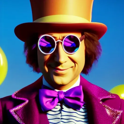 Image similar to still photo of willy wonka, bright studio setting, studio lighting, crisp quality and light reflections, unreal engine 5 quality render