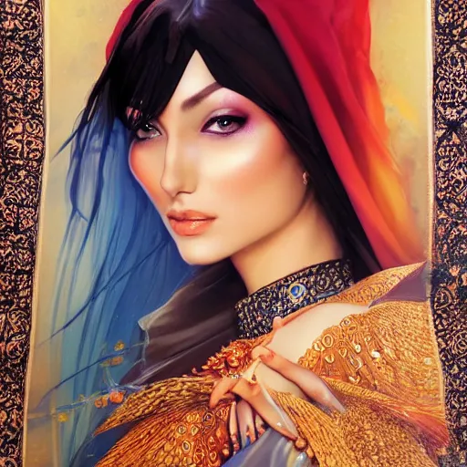Image similar to a beautiful arabian woman wearing a kaftan by karol bak, ayami kojima, artgerm, arabian beauty, blue eyes, smile, concept art, fantasy