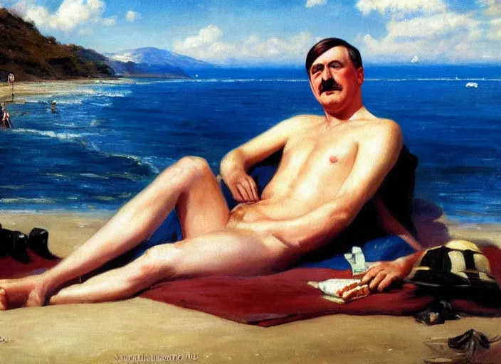 Image similar to adolf hitler sunbathing at an argentinian beach by vladimir volegov and alexander averin and delphin enjolras