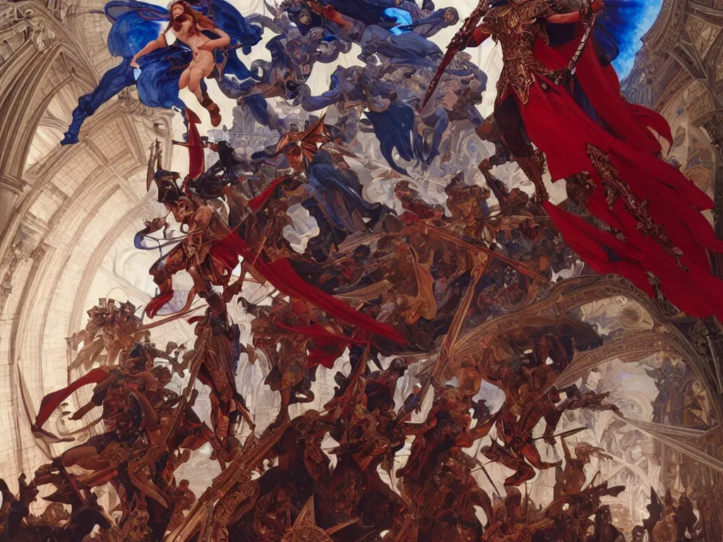 Image similar to epic battle between human warriors mages and demons, inside cathedrals and abbeys, fullbody!! dynamic action pose, religious, intricate, elegant, highly detailed, digital painting, artstation, concept art, smooth, sharp focus, red and blue color scheme, illustration, art by artgerm and greg rutkowski and alphonse mucha