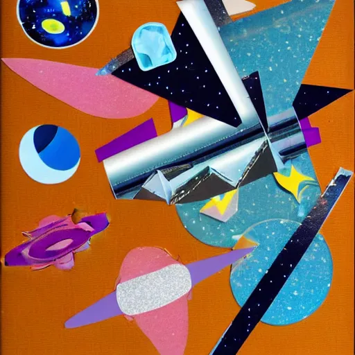 Image similar to A mid-century modern collage of Space Travel. Materials: random shapes cut from magazines, torn construction paper, glitter