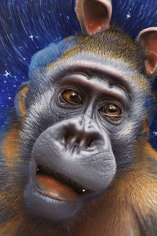 Prompt: blue monkey lying on his back looking up at the stars, oil on canvas, intricate, portrait, 8 k highly professionally detailed, hdr, cgsociety