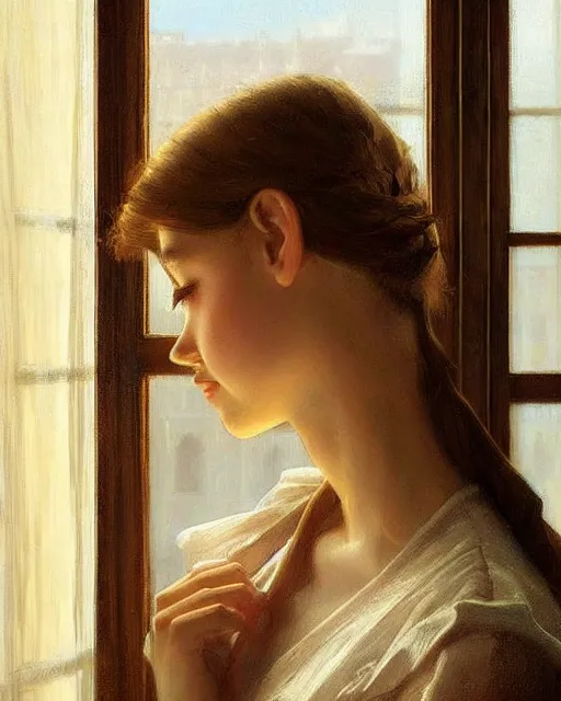 Image similar to a girl watching through a window, oil on canvas, artstation, by j. c. leyendecker and edmund blair leighton and charlie bowater, beautiful face, octane, very aesthetic!!!!!!!!!!!!!!!