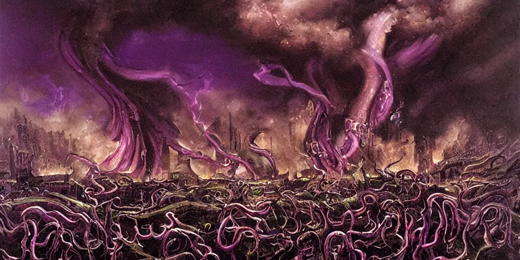 Prompt: giant purple tentacle demon. besieges ancient city. during lightning storm. oil painting. masterpiece. by Les Edwards