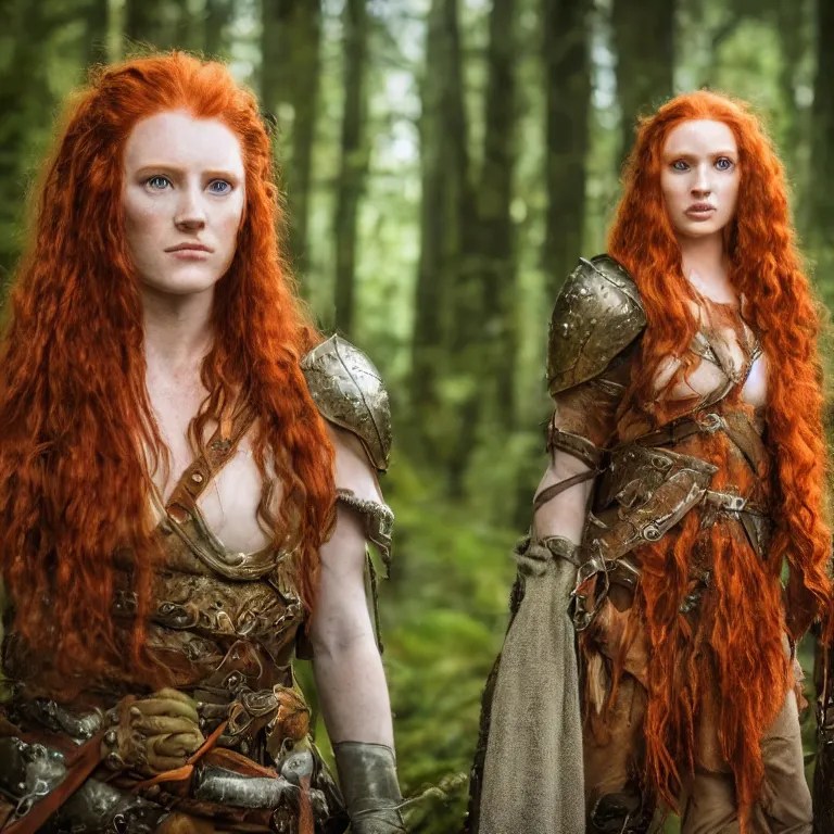 Prompt: 5 5 mm portrait photo of an armored handsome well - built female warrior, red hair, ginger hair, in a magical forest in the style of lord of the rings, highly detailed 8 k. intricate. lifelike. soft light. nikon d 8 5 0. cinematic post - processing