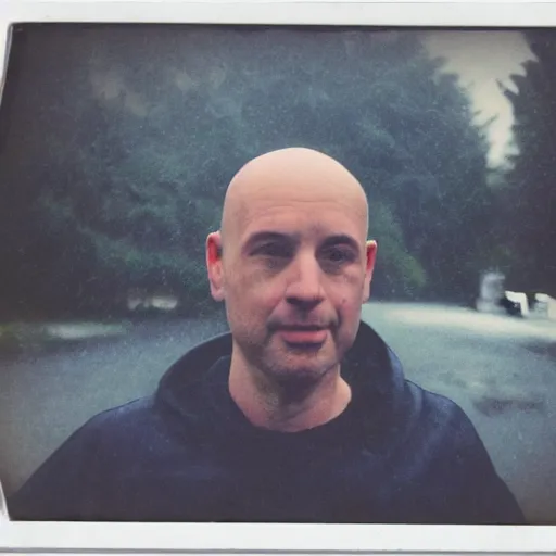 Image similar to old polaroid of a bald guy in the rain while a lighting strike hits his head