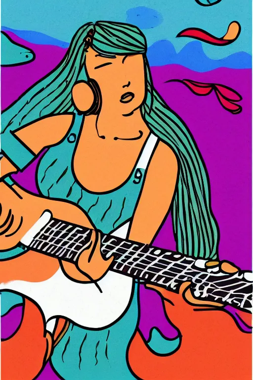 Image similar to illustration of a mermaid playing an stratocaster electric guitar, surf art