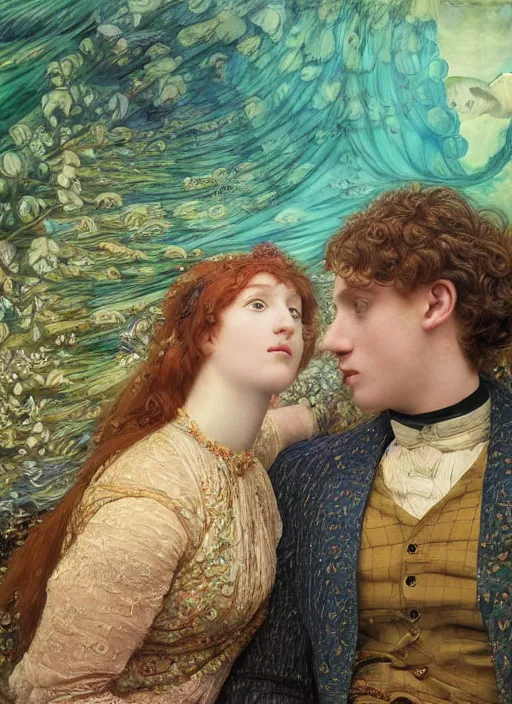 Image similar to detailed colourful masterpiece of intricate preraphaelite art novueau photography couple portrait sat down extreme closeup, love, inside an underwater train, detailed realistic expressions, wearing unusual clothes, by ford madox brown and frederic leighton, ultra wide angle