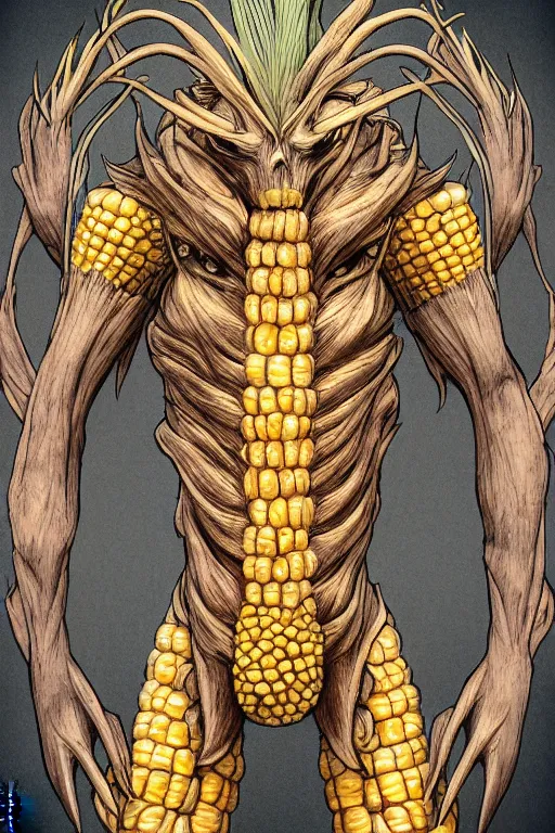 Prompt: corn humanoid figure monster, symmetrical, highly detailed, digital art, sharp focus, trending on art station, anime art style