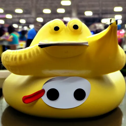 Image similar to banana duck at Walmart, peeled banana with googly eyes and duck beak, goofy banana duck hybrid spotted at Walmart. ISO 300, depth of field