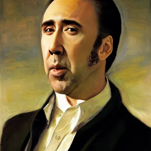 Image similar to Nicolas Cage as an Android, head and shoulders, oil on canvas, golden hour, in the world of Andrew Wyeth, artstation, by J. C. Leyendecker and Peter Paul Rubens,