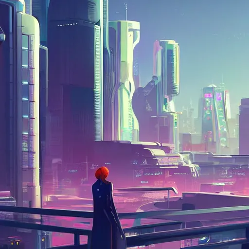 Prompt: ' \ n \ na futuristic looking cityscape with a woman standing on top, cyberpunk art by james gilleard, cgsociety, retrofuturism, retrofuturism'