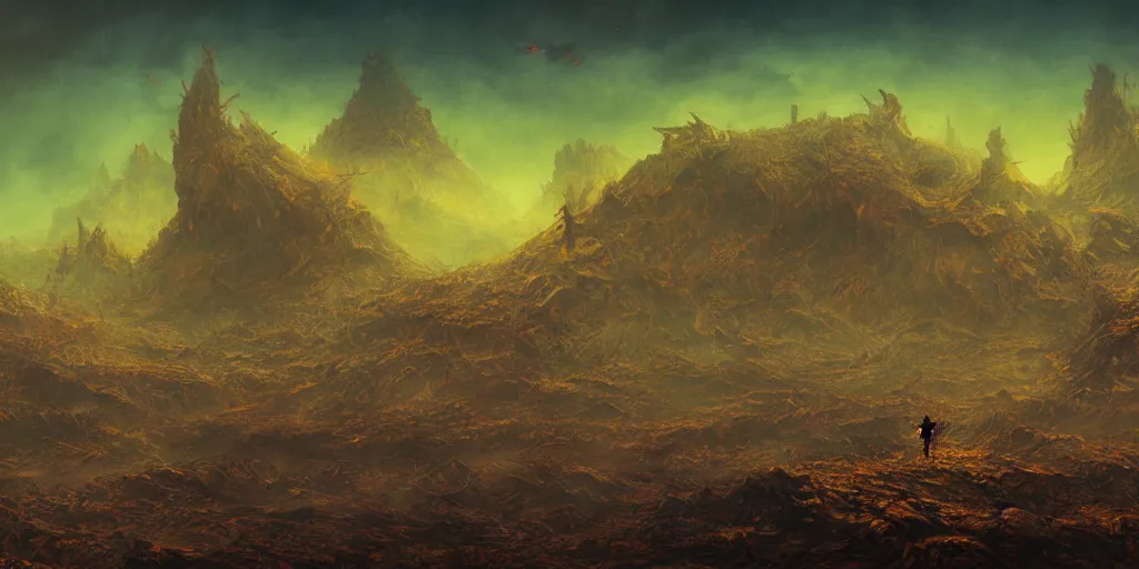 Image similar to ultrawide shot of hell landscape, golden birds, obsidian creatures, postapocalyptic, beksinski, concept art, style by anato finnstark