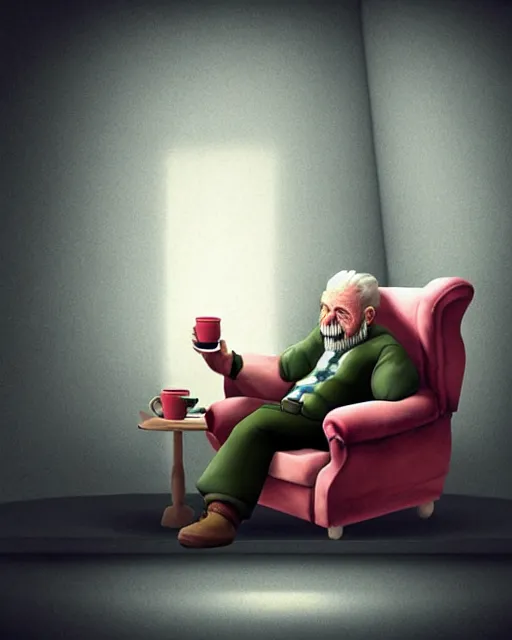 Prompt: old man sat eating cake and drinking a cup of tea in a large comfy chair in a padded cell, ultra realistic, concept art, intricate details, highly detailed