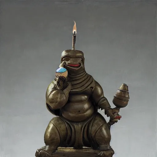 Prompt: turtle bodybuilder wearing a monk robes holding incense burner. natural lighting by ruan jia, portrait