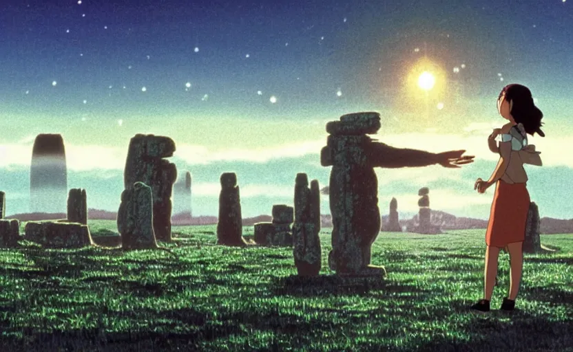 Image similar to movie still from studio ghibli movie showing a highly detailed landscape with a giant long haired buddha in lotus position with stonehenge in the background. 1 9 8 0 s science fiction, 1 9 7 0 s science fiction, cyberpunk, misty, depth perception, 4 k