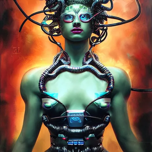 Image similar to medusa as a cybernetic being by raymond swanland, highly detailed, bright tones