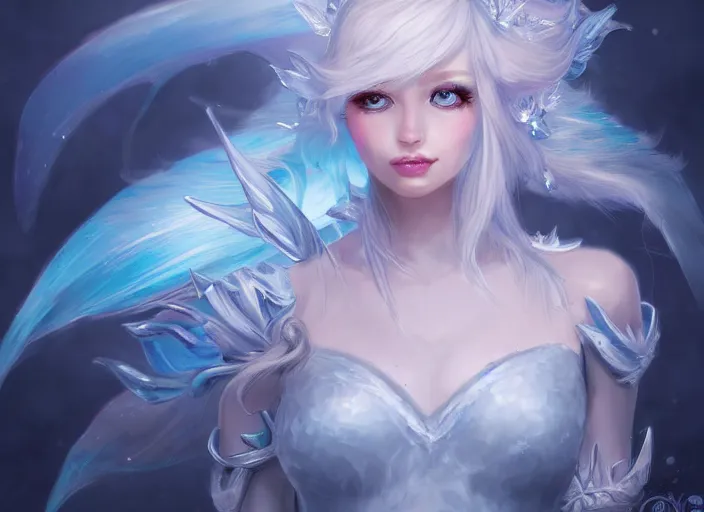 Image similar to portrait of an ice fairy, cute, fantasy, wonderful shading, realistic perfect face, concept art, dynamic pose, digital illustration, trending on artstation, intricate details, epic composition, sharp focus, 8 k uhd, masterpiece, league of legends splash art