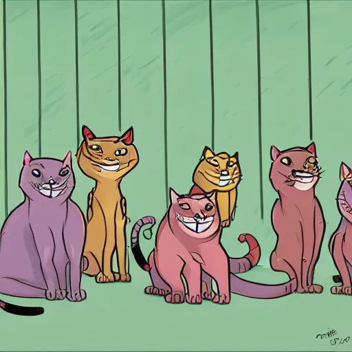 Image similar to a room full of big eye cats singing in comic art style pastel colors