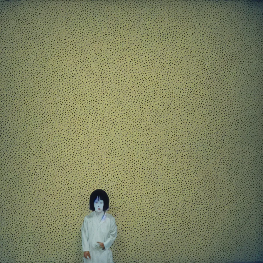 Image similar to 7 0 s movie still of a white female japanese phantom with trypophobia in a yellow wall empty hospital, cinestill 8 0 0 t 3 5 mm eastmancolor, heavy grain, high quality, high detail