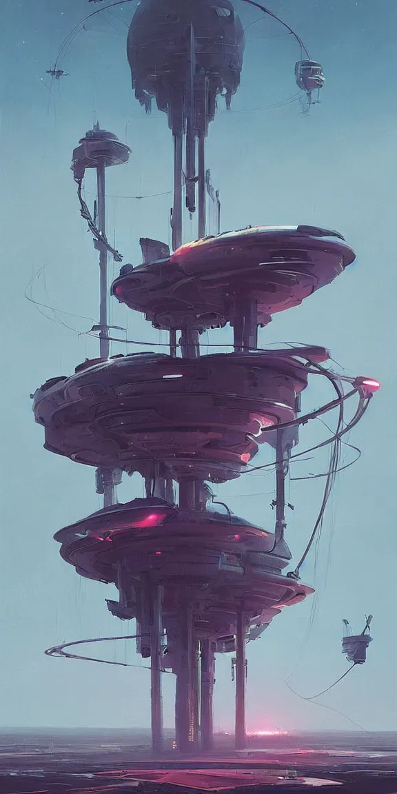 Prompt: mysterious spaceship with long tendrils, lots of hanging cables and antennas, sci - fi concept art, by john harris, by simon stalenhag, stunning, award winning