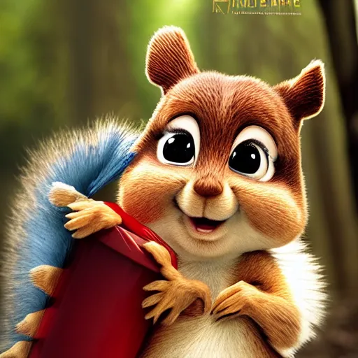 Image similar to very very very very cute Alvin the Chipmunk, portrait, pixar style, forest background, cinematic lighting, award winning creature portrait photography