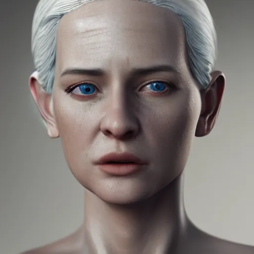 Prompt: cinematic photograph taken by annie leibovitz, hyper detailed, realistic female face and shoulders, white skin made from painted porcelain, white hair, fine facial features, white eyes and eyelashes, 8 k, 1 5 0 ml lens, elegant, white background pastel blue lighting, octane render, volumetric lighting