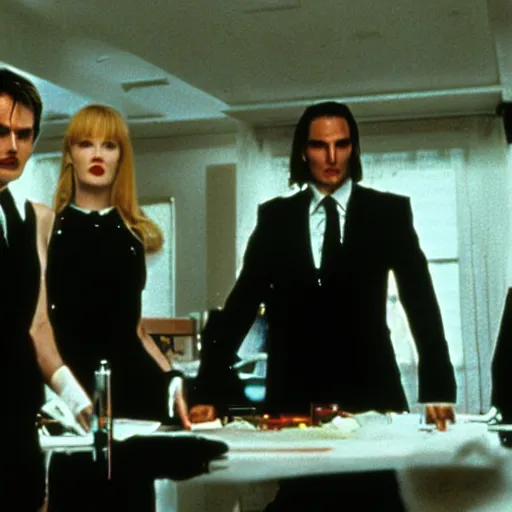 Image similar to Nicole Kidman, Tom Cruise, Johnny Depp, Anne Hathaway, Emmanuel Macron in American Psycho (1999)